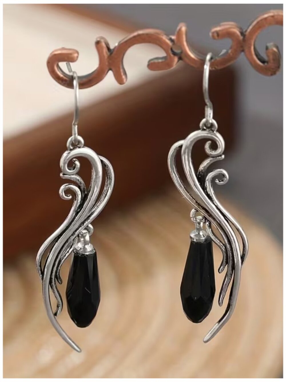 Silver & Black Bohemian-Style Earrings Wavy Pendant Art Deco Balinese Dangles
